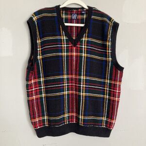 Vintage GAP Plaid Tartan Knit Vest XL Black Cotton Multicolor 90’s Streetwear